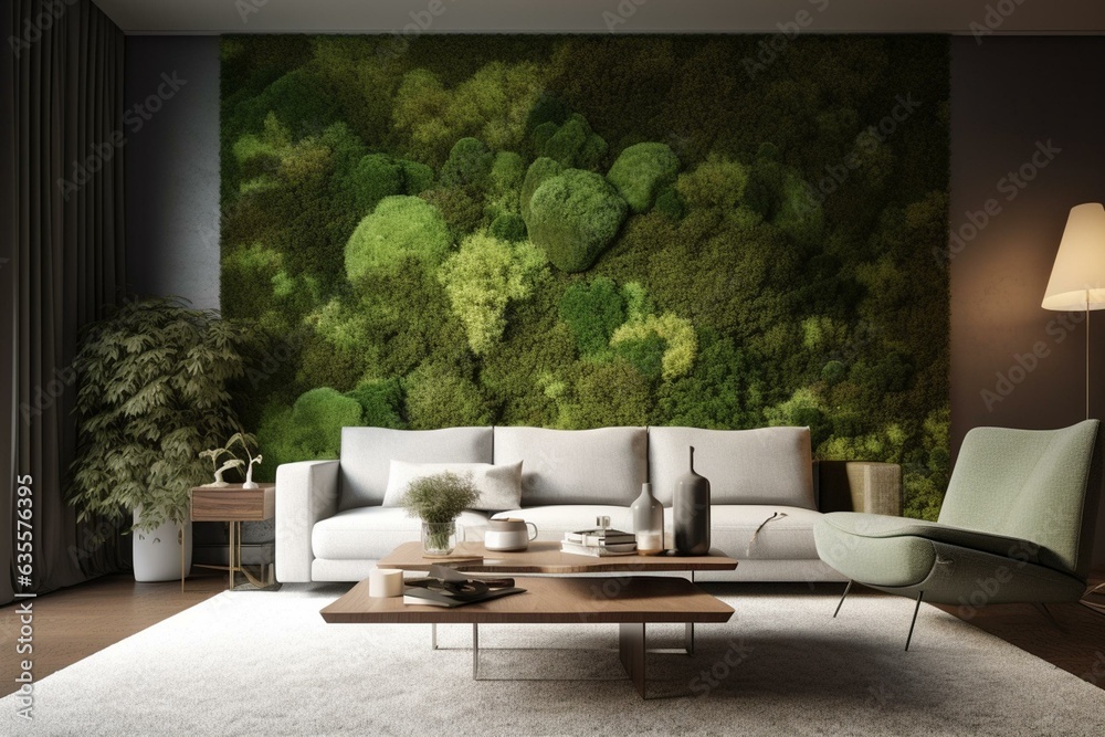 Modern living area featuring a moss accent wall inspired by ...
