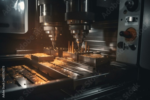 Advanced CNC machine effectively cuts metal components in a modernized factory. Generative AI