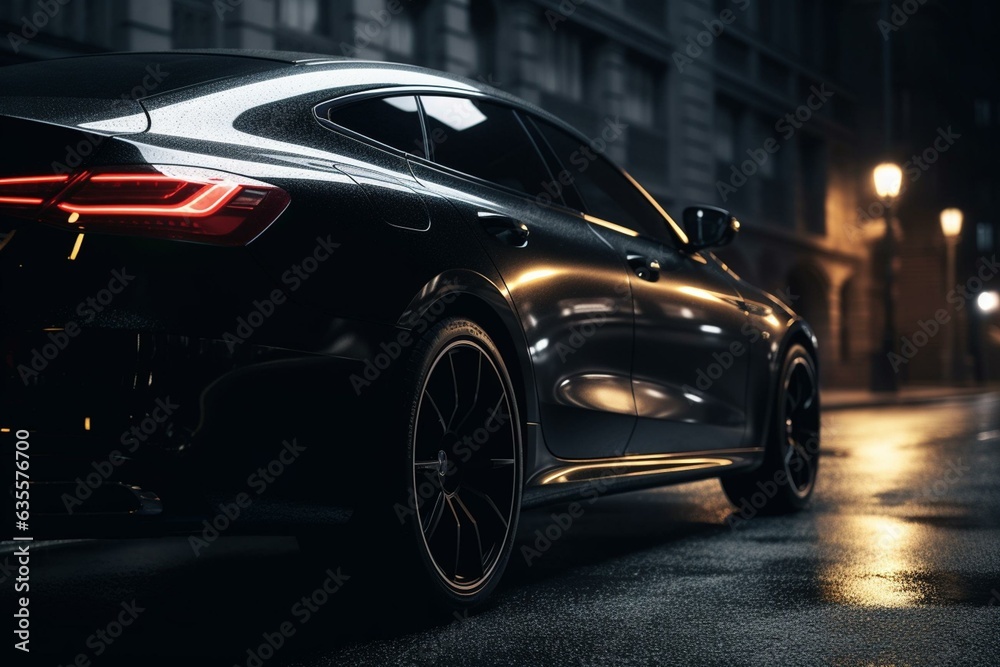 Sleek four-door coupe with a black silhouette and headlights. Generative AI
