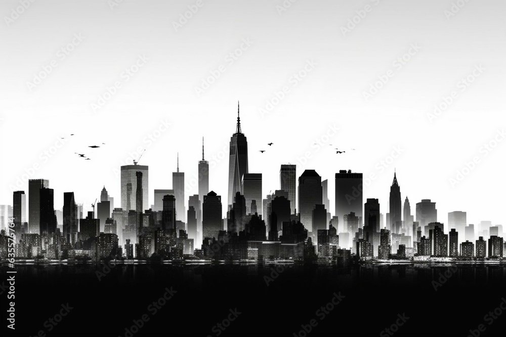 A pre-911 black silhouette of New York City skyline on white background. Generative AI