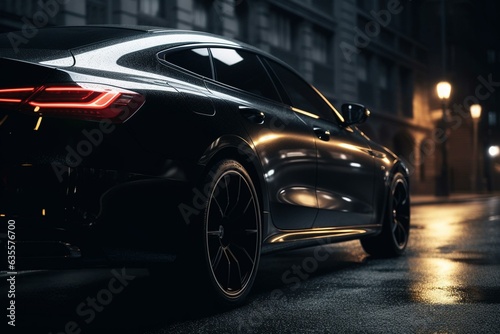 Sleek four-door coupe with a black silhouette and headlights. Generative AI © Thessaly