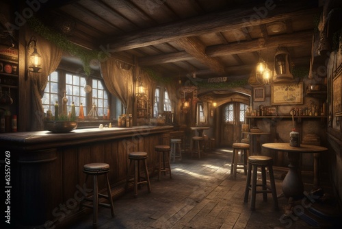 Illustration of expansive medieval pub. Generative AI