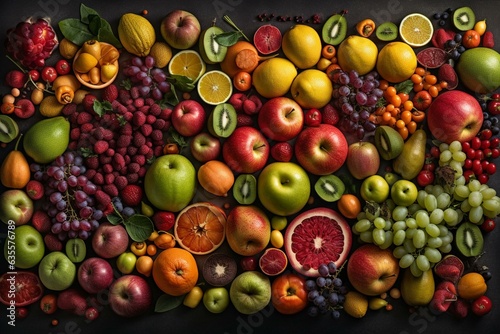 Repeating pattern of fruits and vegetables forming a continuous background texture. Generative AI