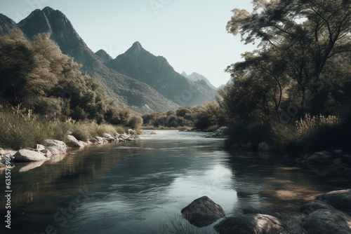 An artistic representation of a serene river bank with a mountainous backdrop. Generative AI