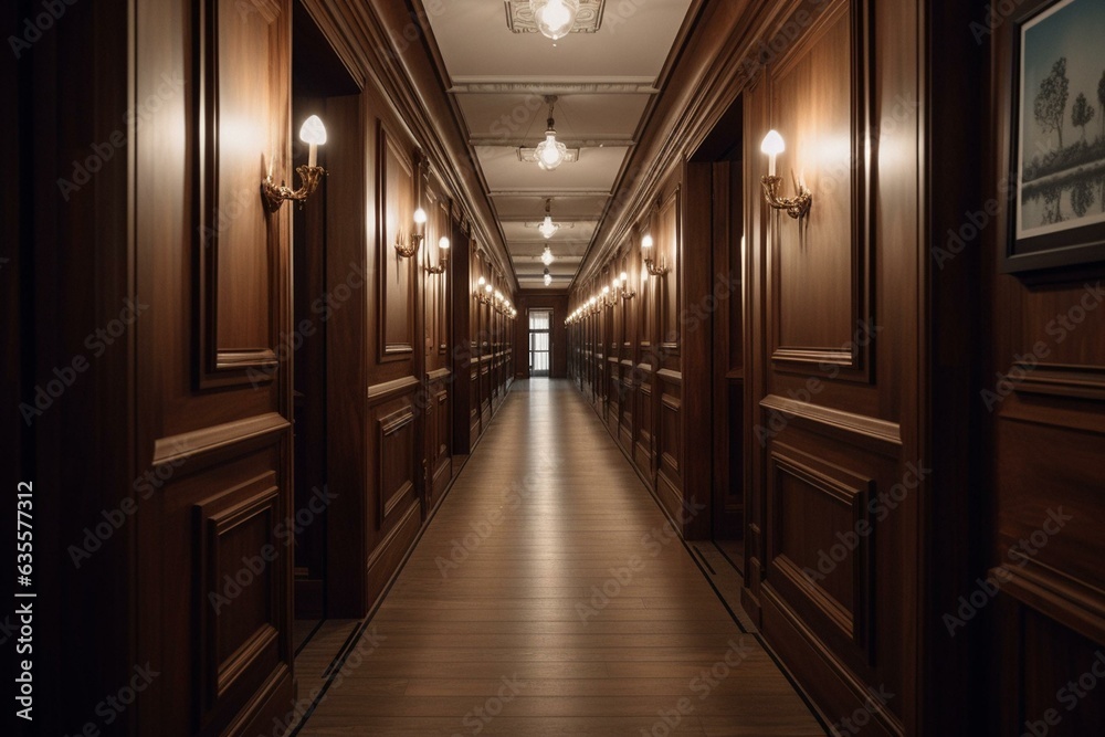 A vacant corridor displaying refined woodwork on the walls. Generative AI