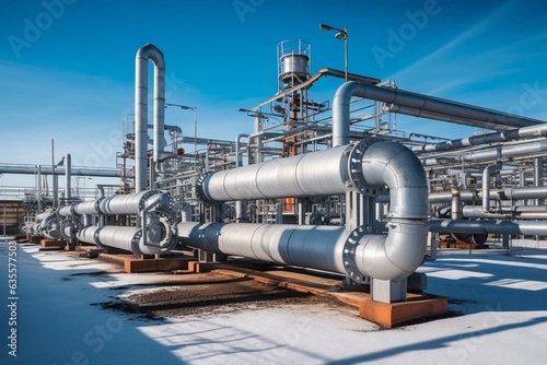 Oil and gas processing facility with pipeline valves in an industrial zone and steel pipelines against a blue sky. Generative AI