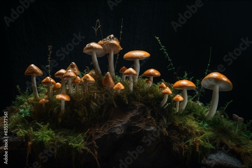 a painting of mushrooms on mossy ground with black background and white border. Generative AI