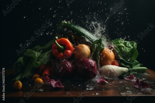 Drenched veggies soar on dark backdrop. Generative AI
