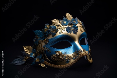 Blue & gold masquerade mask with leaf pattern on black. Generative AI