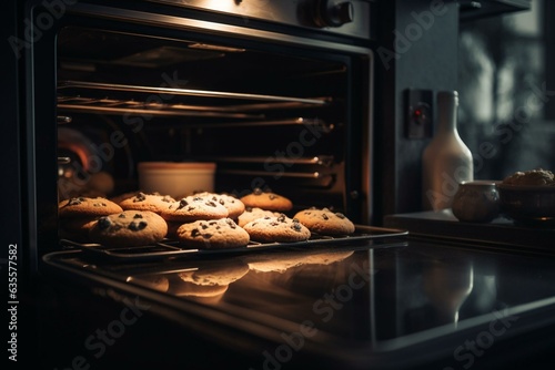 Cookies on stove with nearby oven, raw ones on counter. Generative AI