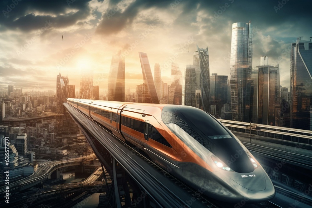 High-speed train glides above futuristic cityscape. Generative AI