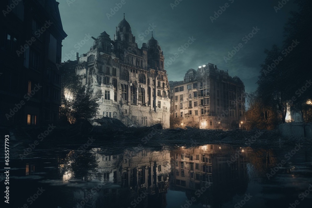 Deserted city ruins beneath a glowing 3D moonlight, with a backdrop of a flooded river and submerged buildings. Generative AI