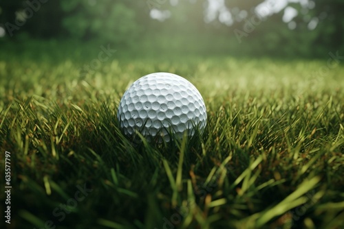 A 3D-rendered golf ball on a green lawn against a white background. Generative AI
