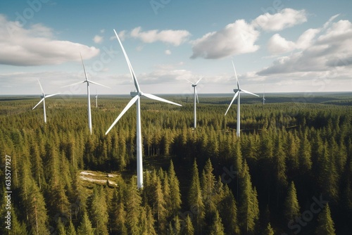 A close-up aerial shot of windmills surrounded by green forest in Finland generating renewable energy. Generative AI