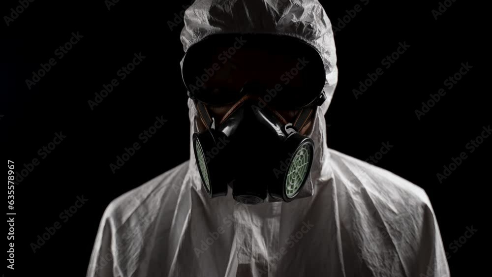 Laboratory worker in a chemical protection suit, panting, raises his head Laboratory worker in a chemical protection suit, panting, raises his head