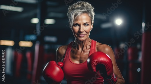 Senior woman training at gym with a punching bag.  © banthita166