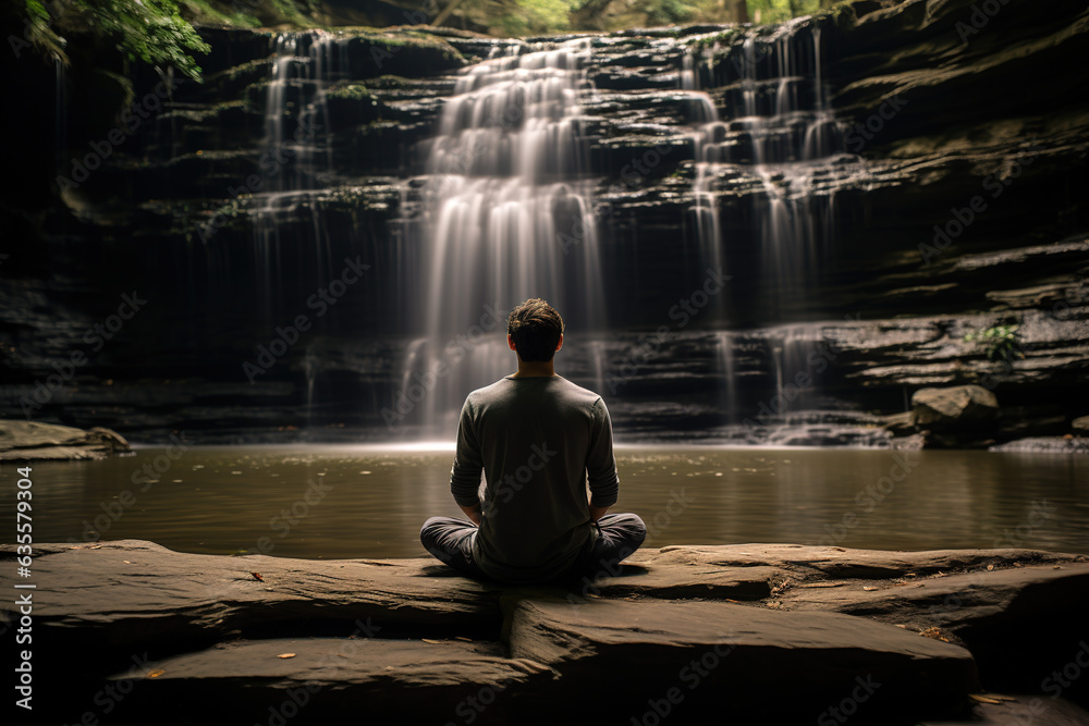 An individual meditating beside a waterfall