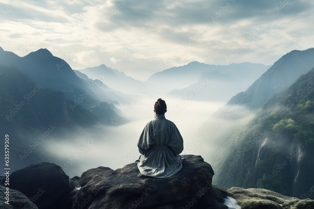An individual meditating atop a mountain An individual meditating atop a mountain