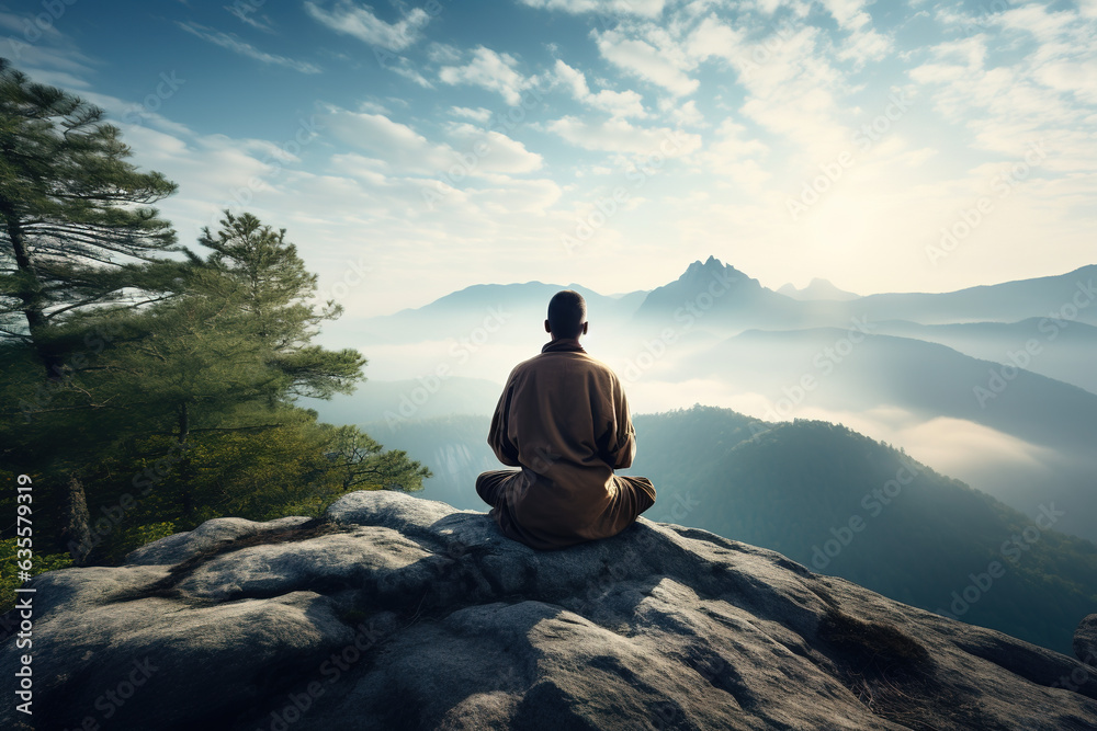  An individual meditating atop a mountain