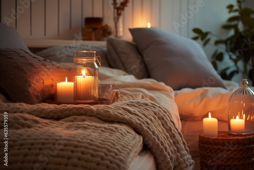 Cozy bedroom with candles and cushions