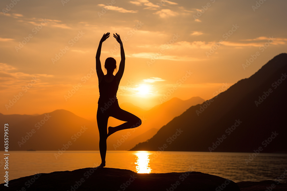  Silhouette in a yoga pose with the rising sun in the background