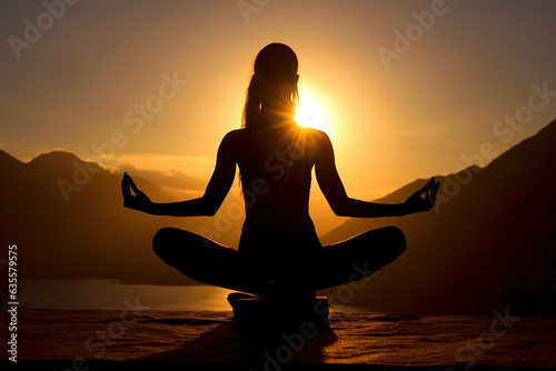  Silhouette in a yoga pose with the rising sun in the background