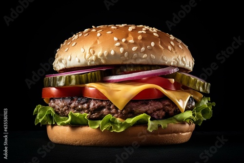 Delicious burger on white background. Juicy beef, cheese, tomato. Generative AI