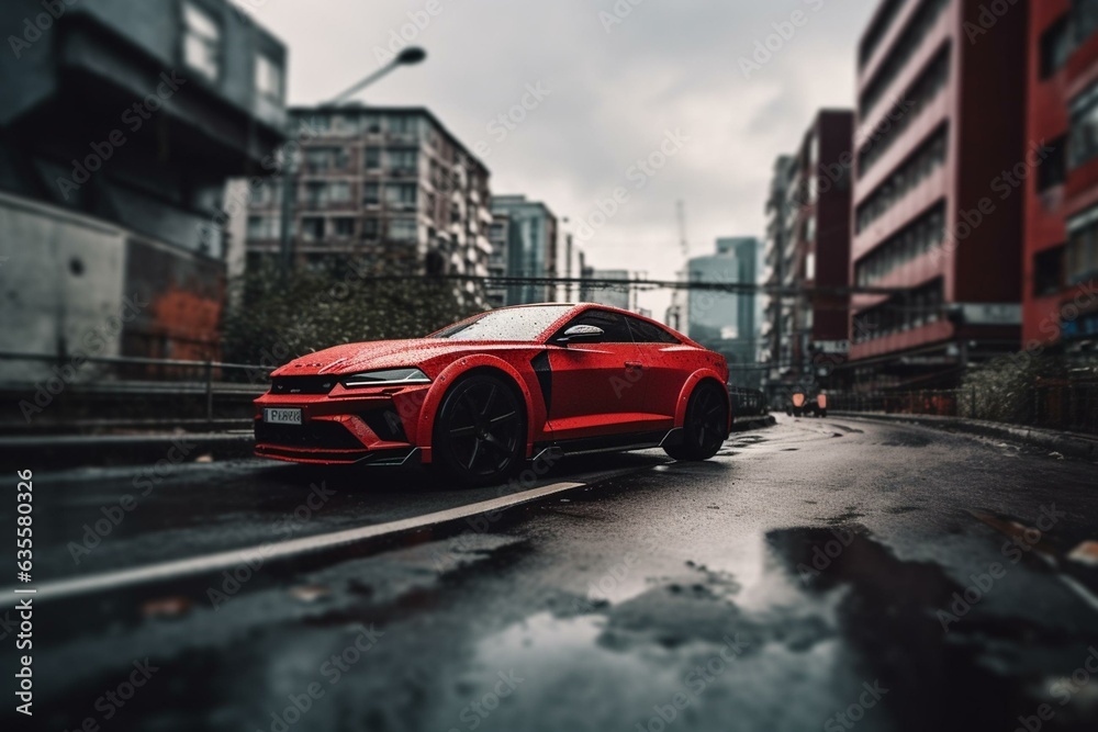 A speedy red car races through the urban landscape. Generative AI