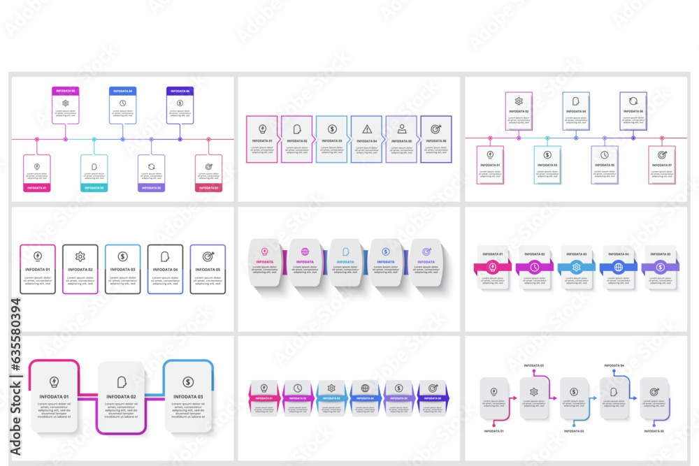 Set Rectangles concept for infographics with 3, 5, 6, 7 steps, options, parts or processes. Business data visualization. Set Rectangles concept for infographics with 3, 5, 6, 7 steps, options, parts or processes. Business data visualization.