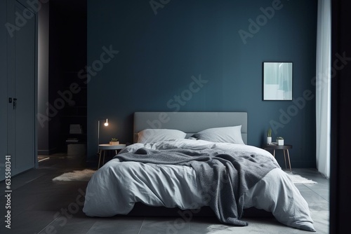 Minimalist bedroom in contemporary flat. Blue wall, grey bed, white sheets. Space for creativity. Generative AI