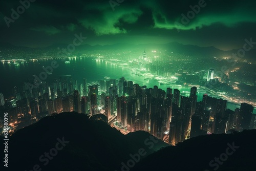 Attractive city with green hues and advanced architecture amidst the night sky, overlooking the vast ocean. Generative AI