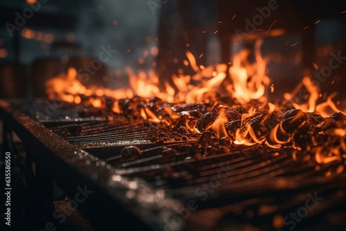 Fiery dance of grill flames at a bustling barbecue. Generative AI