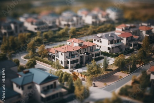 A trendy residential area with contemporary-styled villas, featuring the tilt-shift focus technique. Generative AI