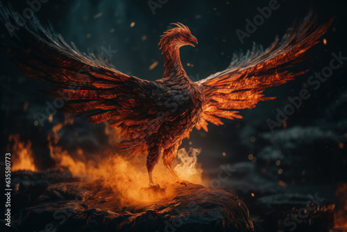 A powerful phoenix bird, with its majestic wings and striking plumage, stands before a raging inferno, embodying the transformative power of nature. AI Generative