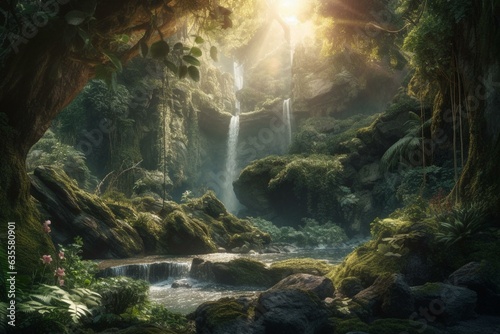 A fantasy landscape featuring a waterfall, enchanted forests, and elven woods. Ideal for wallpapers and backgrounds. Generative AI © Jeff
