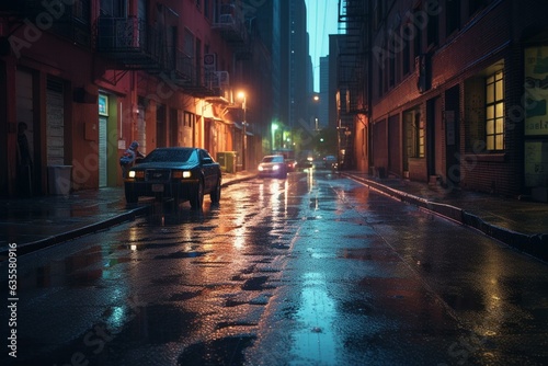 Illuminated colors on wet road in dim, hazy alley with spotlight. Urban night scene. Generative AI
