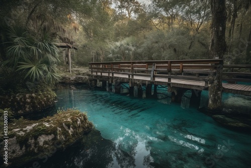 Turquoise water and wooden bridge at Juniper Springs in Ocala National Forest, FL. North of Orlando. Generative AI