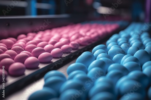 Conveyor belt manufacturing candy eggs in pink and blue colors. Generative AI