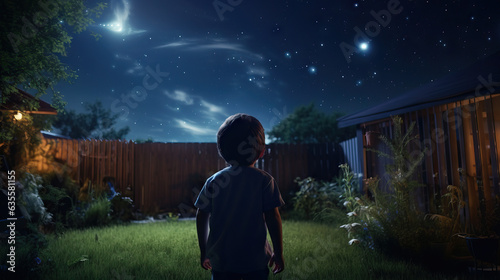 Young Boy Child Looking Up Into Night Sky at Universe Stars of the Galaxy in Backyard. Concept of Cosmic Wonder, Stargazing Fascination, Backyard Observatory, Night Sky Exploration.
