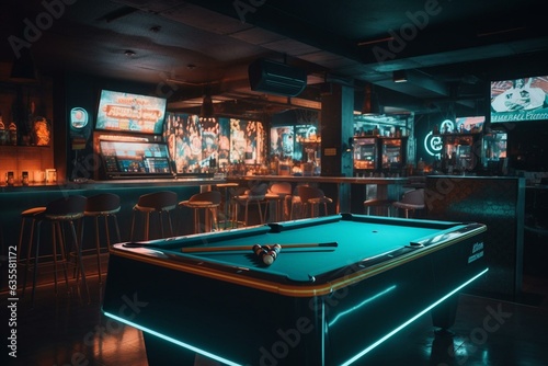 Brightly lit sports bar with neon lights. Generative AI