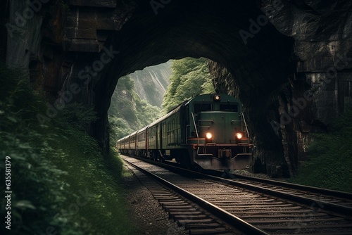 A train passes through a tunnel along a mountainous railroad. Generative AI