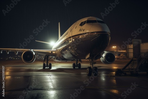 A massive airplane parked on airport runway at night, illuminated by lights on the fuselage, against a backdrop of dark sky. Generative AI