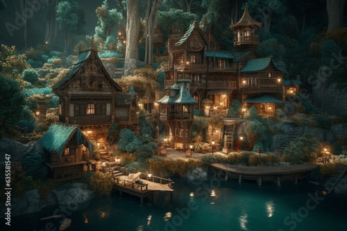 Fotografia Enchanted forest village with charming houses, water mill, and lantern