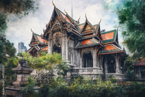 Watercolor painting depicting historic Bangkok's Wat Suthat in an impressionist style. Generative AI photo
