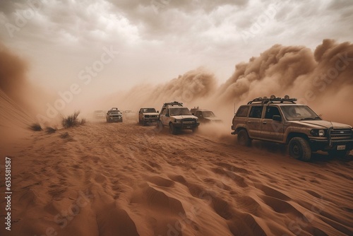 A severe sandstorm in the desert creates a massive brown and dusty cloud, causing extreme weather conditions. Generative AI