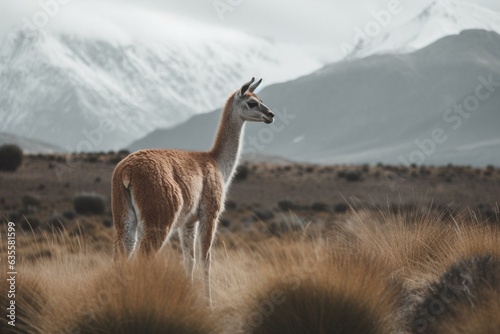 Guanaco roaming on Chilean Patagonia grasslands. Generative AI