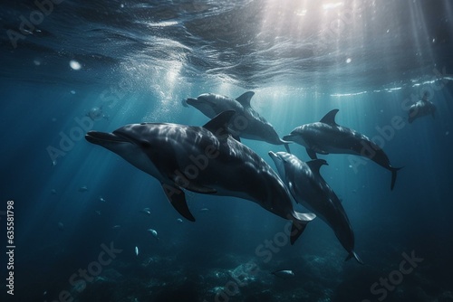 A group of dolphins swimming alongside each other. Generative AI © Thisbe