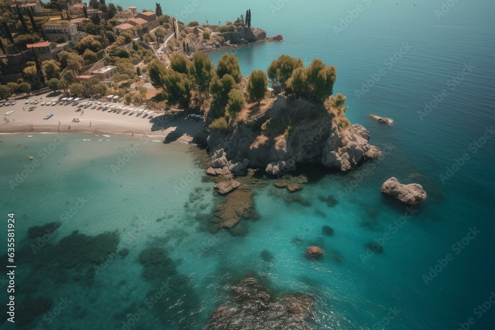 An aerial perspective of Isola Bella beach in Taormina, Sicily, under a bright sun at a stunning tropical destination. Generative AI