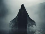 Shadowy figure of a winged female reaper, draped in a cloak, exuding an eerie aura. Silhouette of a female angel of death.