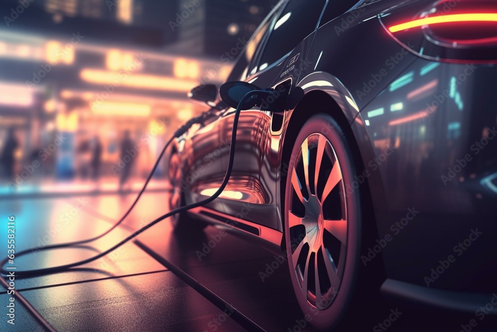 Charging station for electric vehicles with an EV connected against a blurred background. Generative AI